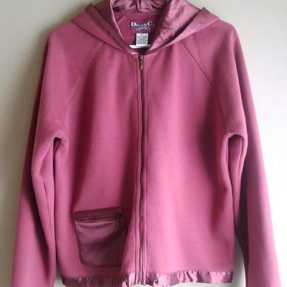 Denim & Co. Burgundy Zip Up  Hoodie Sweatshirt with Satin Hood, Pocket, and Ties - Picture 2 of 9